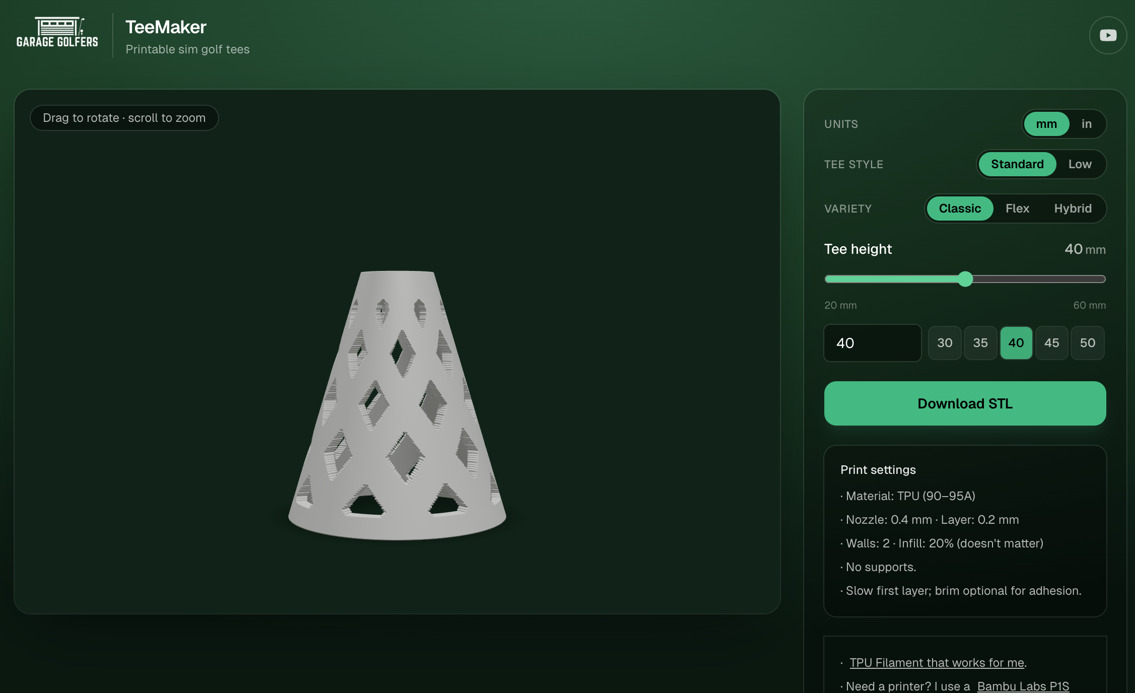 Teemaker app, 3d printed golf simulator tees